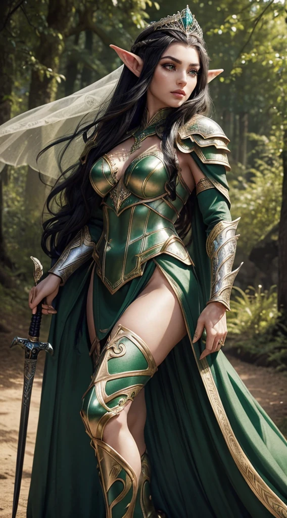 bold makeup, long eyelashes, sturdy armor,nature background,hyper detailed face, very detailed lips, Detailed eyes,full body picture,(The most luxurious and highest quality giant tiara:1.1),(Lots of jewelry:1.1),(elven warrior:1.1),elf ears,holding a sword,very pale skin,(tied black hair:1.2),wearing high heels,asian korean,legs showing,green armor