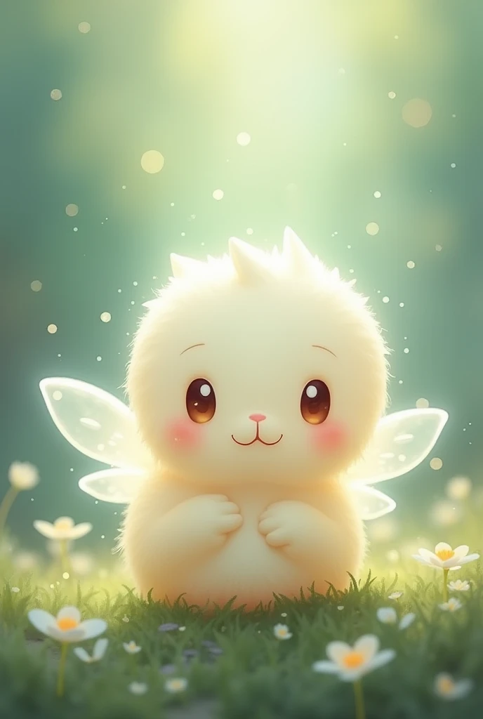 Draw a fairy, that it be a new creature, that is tender and round, like a droplet, that represents humility, that it be in chibi style for a story