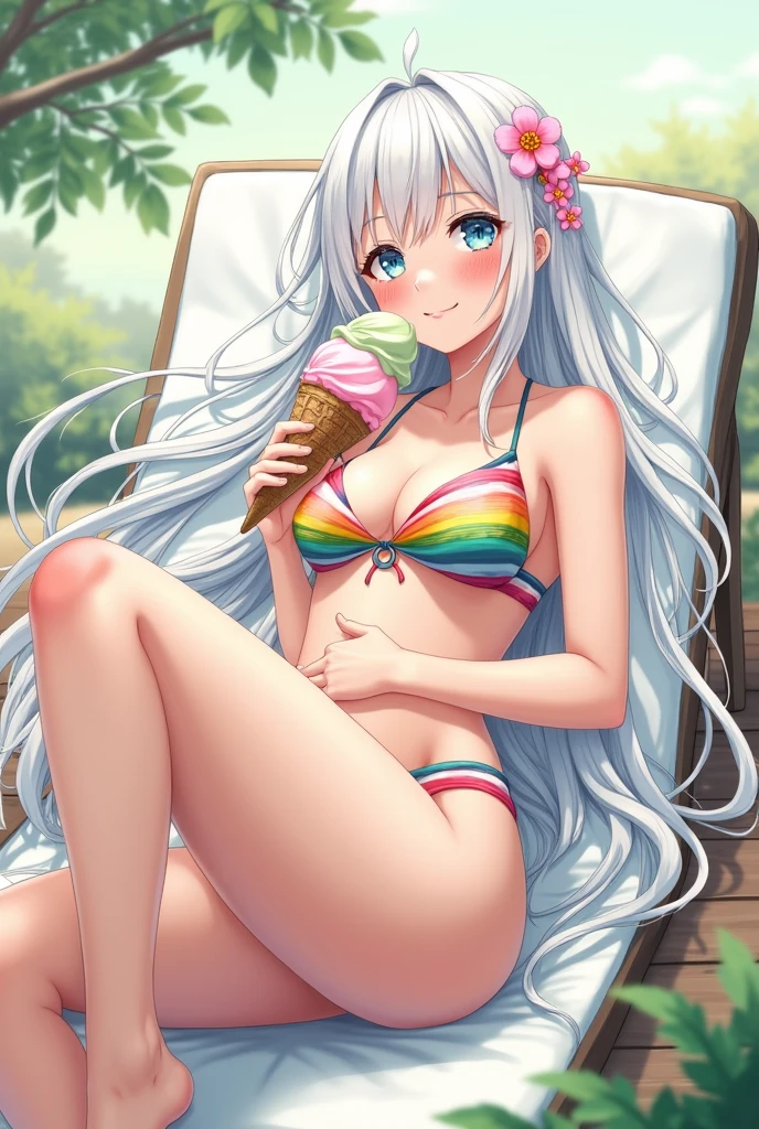 Anime girl with white hair in bikini eating ice cream and stroking belly