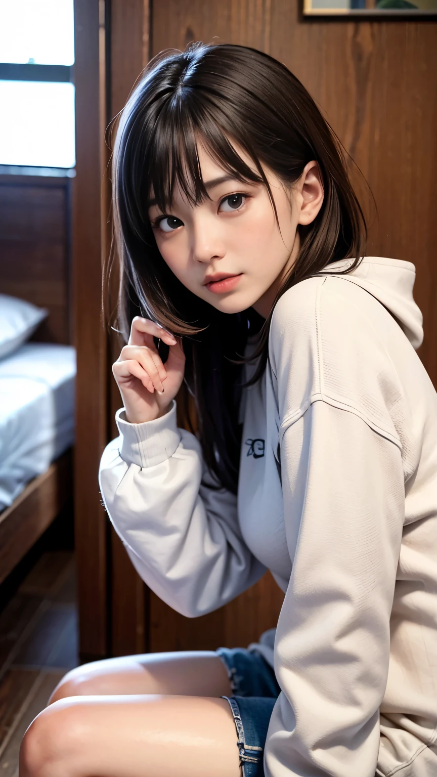 Smile、natta、Raw photography、(((Portrait of extreme beauty)))、((glistning skin))、女の子1人、17-year-old beautiful girl in Prague、bright expression、((brown haired))、(Show cleavage)、(oversized hoodie)、[Big blue eyes that shine like jewels]、Glossy glossy skin、Silky long straight hair、eye liner、Beautiful bangs、Hair between the eyes、((​masterpiece、top-quality、ultra-detailliert、Film Light、intricate-detail、hight resolution、ighly detailed))、细致背景、8KUHD、Digital SLR、Soft light、hightquality、Film grain、FujifilmXT3 、Shallow depth of field、natural soft light、Kamimei、beutiful breast、cowboy  shot