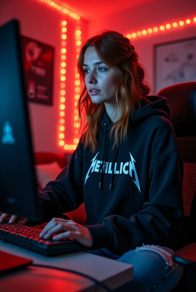 (photorealism:1.2), attractive Scandinavian woman in her mid-30s with loose, wavy shoulder length auburn hair with a few small, scattered braids along the center part in her hair wearing a baggy, black Metallica hoodie and cool, tattered blue jeans sitting in front of a gaming PC setup playing Tom Clancy's The Division 2 in a dim bedroom that has red and orange RGBs draped along the ceiling