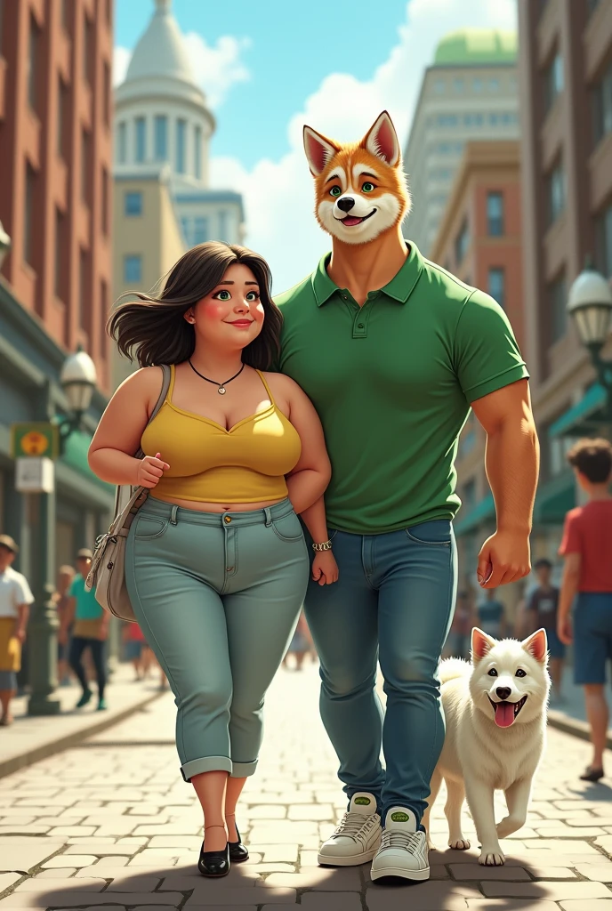 i wanna see a chubby japanese woman, with cat ears, dark black medium size hair, dark brown eyes, light yellow spaghetti strap top, light jeans pants and black heels on the streets of philadelphia, with her chubby boyfriend who is strong, tall, blond guy with green eyes and white dog ears, with jeans pants, white sneakers and green polo shirt