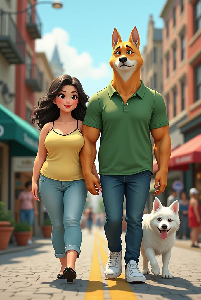 i wanna see a chubby japanese woman, with cat ears, dark black medium size hair, dark brown eyes, light yellow spaghetti strap top, light jeans pants and black heels on the streets of philadelphia, with her chubby boyfriend who is strong, tall, blond guy with green eyes and white dog ears, with jeans pants, white sneakers and green polo shirt