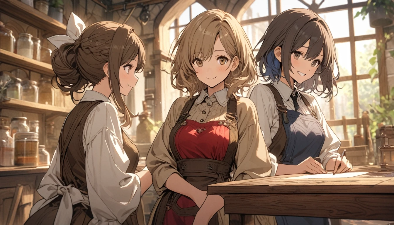 three girls hugging, steampunk, cafe, masterpiece, ultra detail,, angelic lighting, braided hair