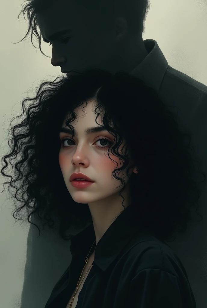 Woman with black curly hair with a completely black figure of a man behind