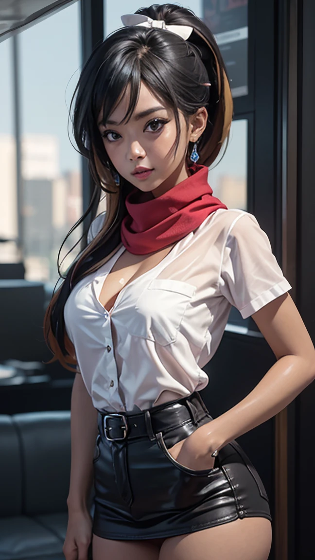 detailed eyes, (full body shot:1.2), 8k, (Skinny body:1.2), curves, (hands behind your back:1.2), seductive pose, (looking at the viewer, 8k vector photography, adolescent, pretty eyes, Realistic lighting, Detailed costume, realistic facial features, hyper detail, (perfect angle, Focus on face, hips and chest.)), (very short dark straight hair:1.3), flat chest, pioneer scarf, blue micro tight skirt, hits, shirt, clavicle, very tight white shirt, short sleeves, collared shirt, belt, eyelashes, red scarf, chest pocket, looks like a sex doll, MaryaRya