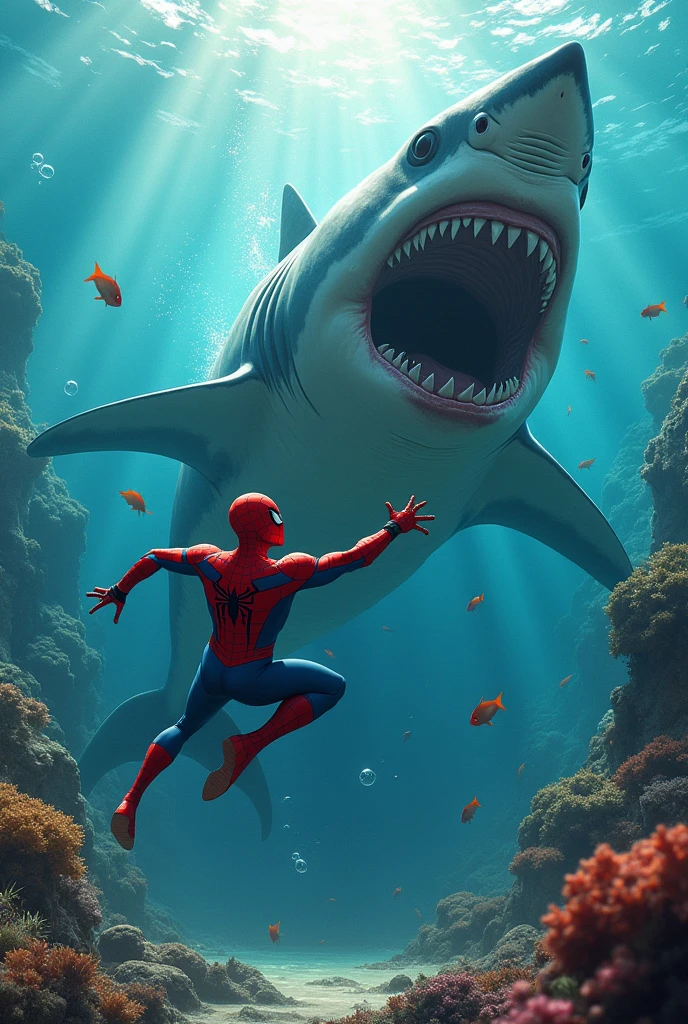 Spiderman fighting shark 