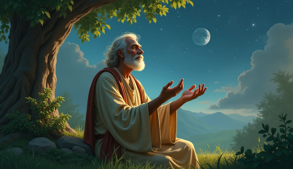 "Create a realistic image of Enoch, a biblical figure known for his faith and faithfulness to God. He should be portrayed in a serene environment, surrounded by lush natural scenery, symbolizing communion with divine creation. Enoch is an old man, with a serene and wise expression, wearing simple tunics from ancient times. He is in a contemplative posture, looking at the starry sky, with open hands in a sign of devotion. Ao fundo, you can see a leafy tree, symbolizing life and connection with God. The soft moonlight illuminates the scene, creating an atmosphere of peace and spirituality."