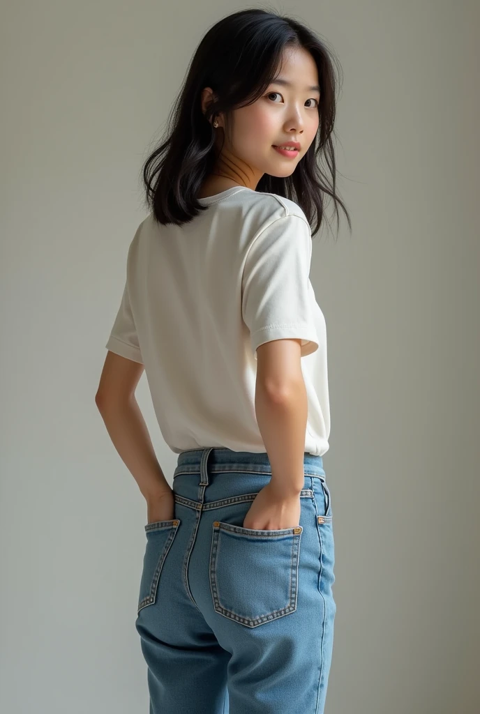 Young Asian girl in jeans rear view turns around vision face hands in back pocket realistic style