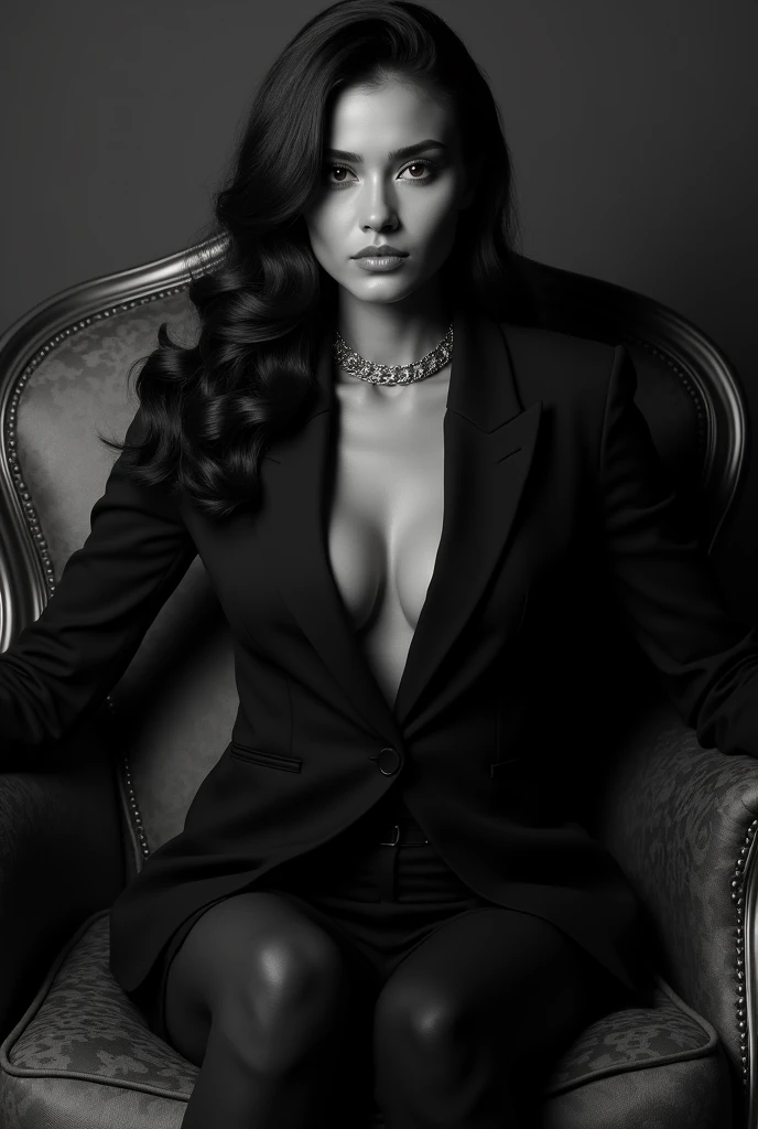  Chat create a post of a realistic black and white model in a suit and showing her empowerment sitting on a fancy sofa In square image format 