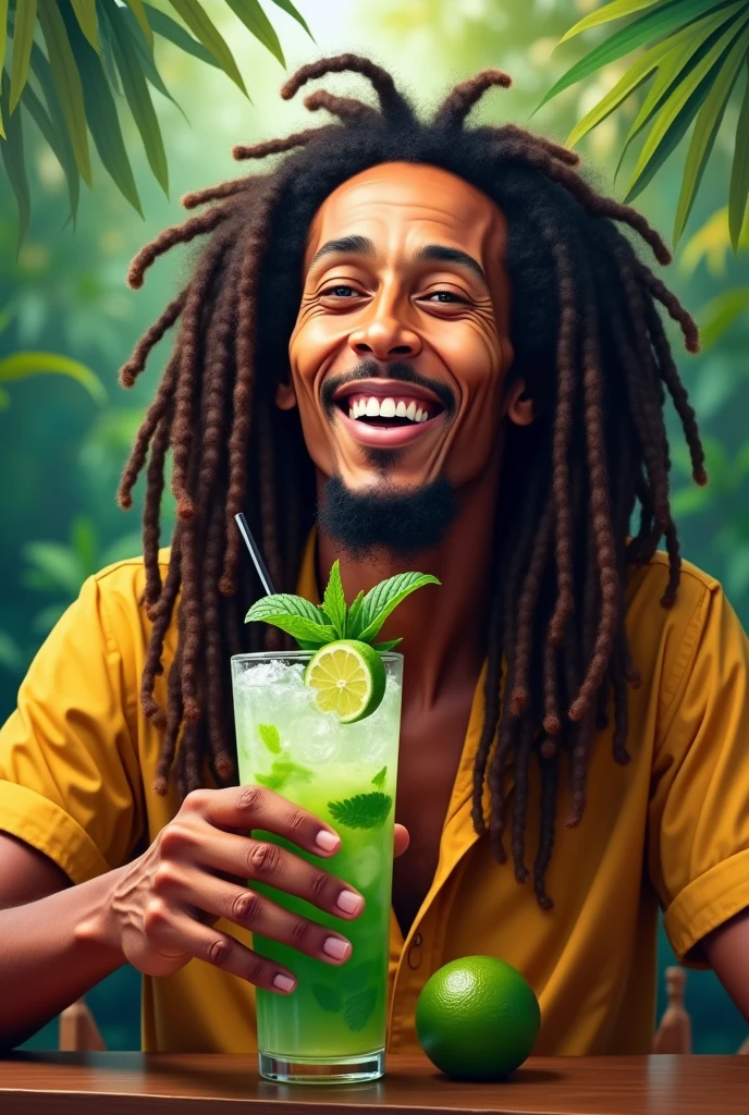 Bob marley drinking MOJITO WITH THE TITLE MARLEY MOJITO