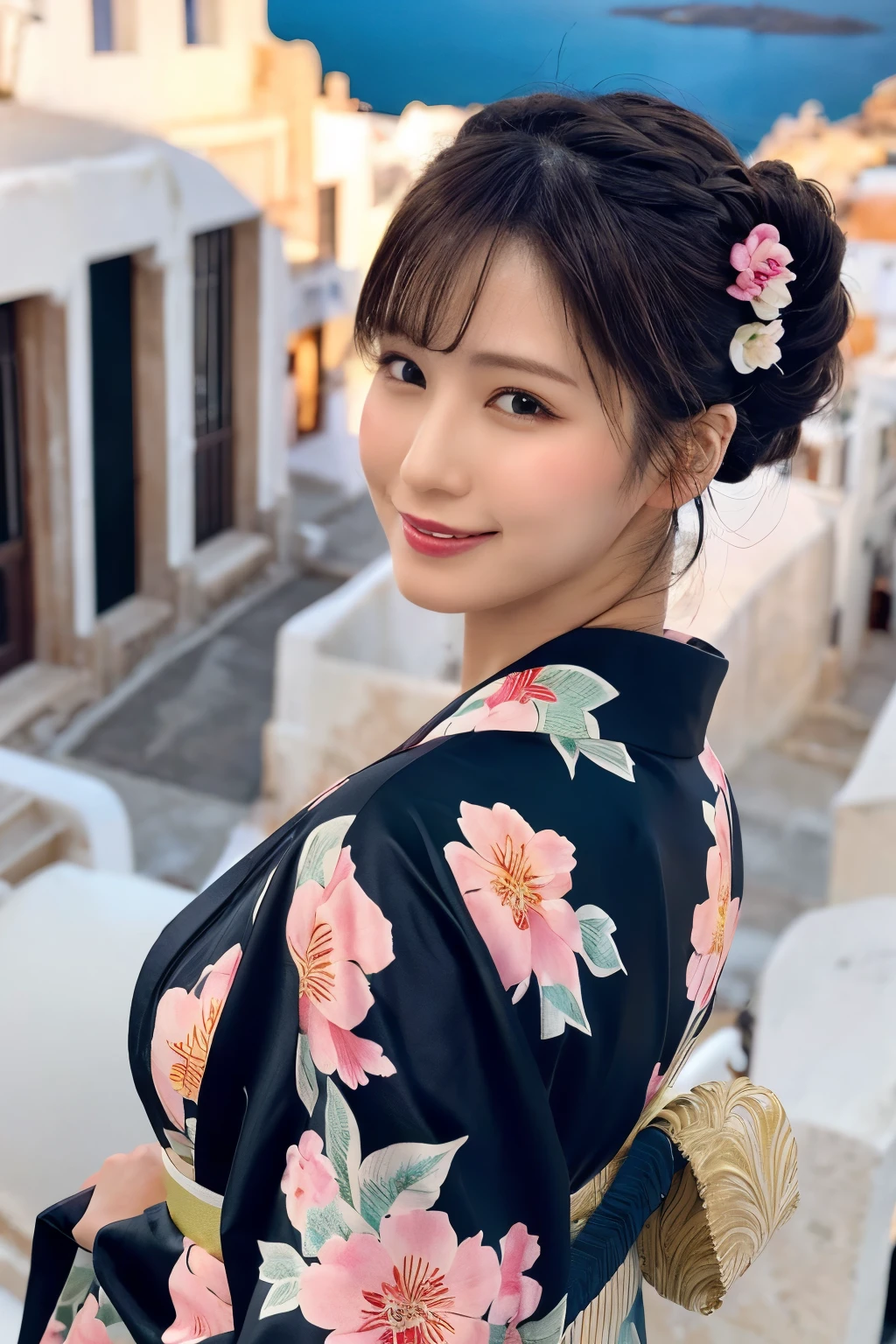 1 person, (Wearing a pink floral kimono.:1.2), Very beautiful Japanese idol portraits, 
(RAW Photos, Highest quality), (Realistic, Realistic:1.4), (masterpiece), 
Very delicate and beautiful, Very detailed, 2k wallpaper, wonderful, finely, Very detailed CG Unity 8k 壁紙, Very detailed, High resolution, Soft Light, 
Beautiful details, Very detailed目と顔, Beautiful and sophisticated nose, Beautiful and beautiful eyes, Cinema Lighting, 
(Commemorative photo on Santorini Island:1.3), (White Building), (blue sky), (Church bells), (Aegean Sea),
(Japanese hairstyle), (Tie your hair at the back:1.3), (bangs), (hairpin), 
Complete Anatomy, Slender body, Small breasts, smile