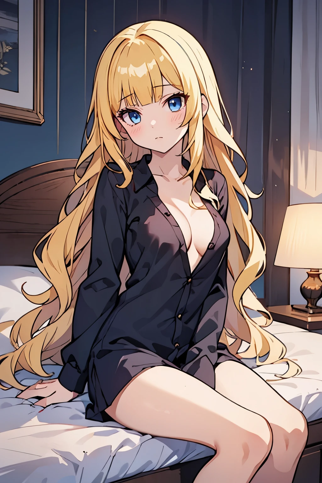 solo girl, (young female body:1.4), ( medium small breasts), knee length hair, yellow long hair, voluminous wavy very long yellow hair, extra long disheveled yellow hair, hime cut, light blue eyes, cowboy shot, dynamic posing, bedroom, white socks, black blouse, unbuttoned shirt, cleavage, oversized black shirt, spreading legs, sitting, leaning back