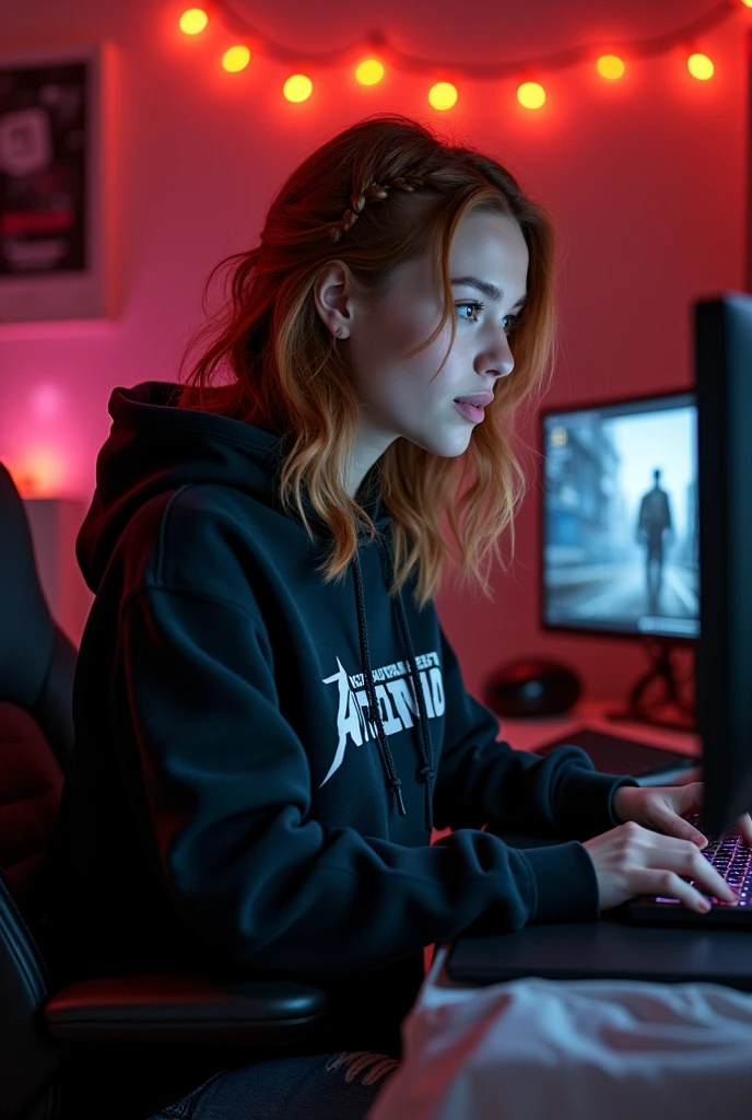 (photorealism:1.2), attractive Scandinavian woman in her mid-30s with loose, wavy shoulder length auburn hair with a few small, scattered braids hanging along the center part in her hair wearing a baggy, black Metallica hoodie and cool, tattered blue jeans sitting in front of a gaming PC setup playing Tom Clancy's The Division 2 in a dim bedroom that has red and orange RGBs draped along the ceiling 