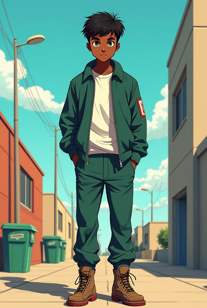 male ager, american cut hair,greeneyes,アニメ,dark black skin American cut full body standing With pants and boots on the feet