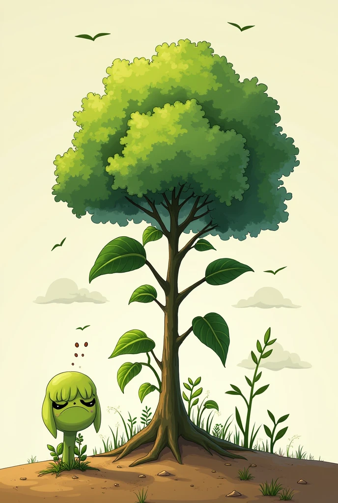 DRAW A CARTOON WITH VARIOUS SCENES OF A SICK AND SAD PLANT, THAT COMES TO FIND A GOOD PLACE WHERE THE LAND IS FERTILIZED, HAVE ACCESS TO WATER, THE SUN'S RAYS FOR PHOTOSYNTHESIS AND FRESH AIR REACH YOU, WITH ALL THESE ELEMENTS IT RECOVERS AND BECOMES A BIG AND STRONG TREE