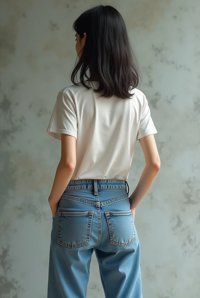 Young Asian girl in jeans rear view turns around vision face hands in back pocket realistic style