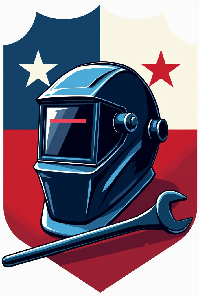 Logo with name pro welding, welding helmet, electrode holder, crown-end wrench, Chilean flag