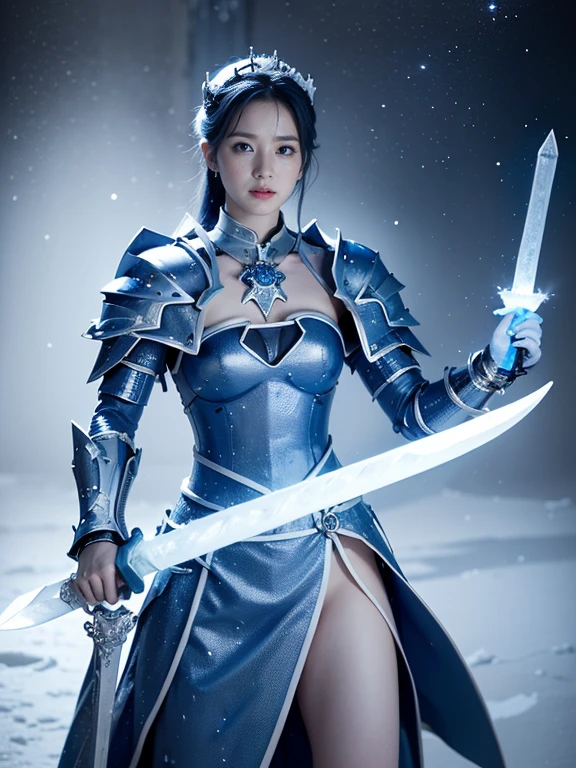 whole body、(high resolution、high quality、High resolution real images、detailed、masterpiece)、(((Blue and white ice knight))),((Holding an ice sword))、 Ultra-detailed paintings by Muki, Deviantart Contest Winner, synchromism, Angular, detailedな,