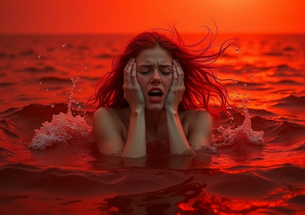Redhead woman drowning in the red sea,covering the ears