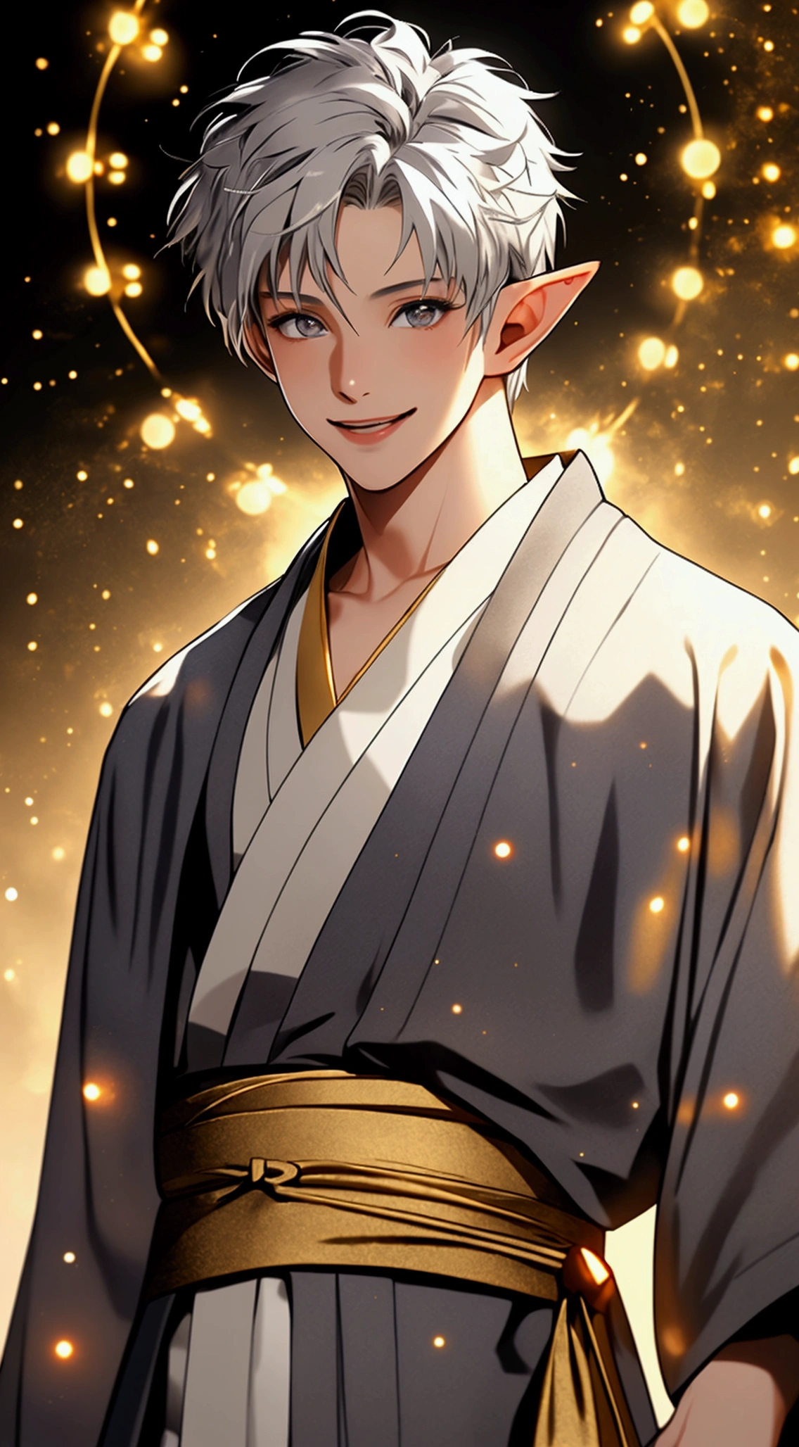 (masterpiece, very high quality photo, CGI effect, lighting effect, shading effect), a male elf, bright gray eyes, short platinum hair, (wearing a black kimono with gold details), a brown scarf wrapped around his neck, white yukata over the kimono, (a confident smile on his face, a look of victory)