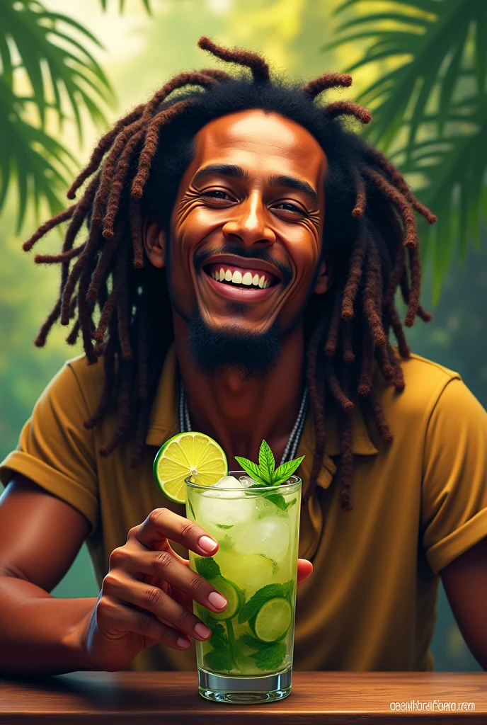 Bob marley drinking MOJITO WITH THE TITLE MARLEY MOJITO