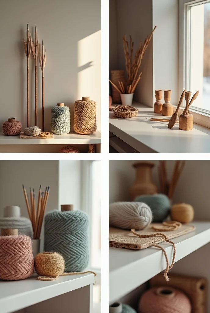 create a collage of 4 separate photos on 1 shelf, for 2 bows for arrows, on 3 threads, on 4 knitting needles