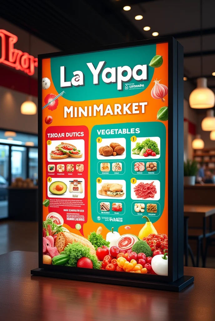 Hello, could you generate an image for me with artificial intelligence of how a rectangular commercial sign would look for a minimarket-style establishment? In that sign I want to add that I sell bread, cold cuts, dairy products, vegetables, food, candy, and cigarettes. The name of the minimarket is LA YAPA and it will be open 24 hours a day.