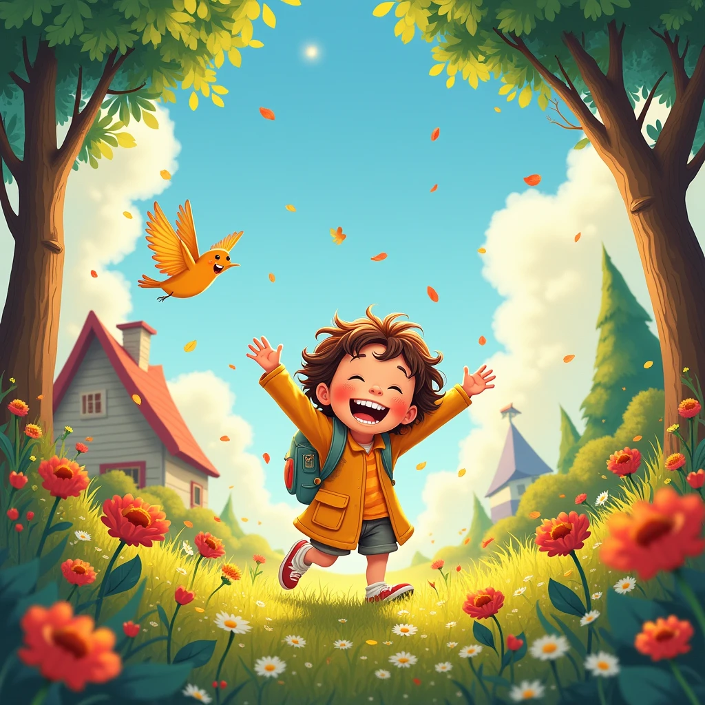 scene of pure joy and happiness, Children's book illustration style, whimsical and charming imagery, bright and playful colors, engaging characters and storytelling, cartoon, (best quality, masterpiece, photorealistic), very aesthetic, perfect composition, intricate details, ultra-detailed, vivid colors