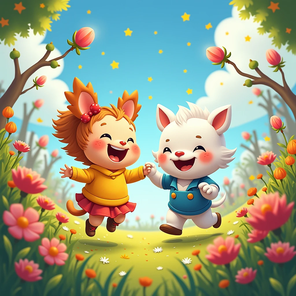 scene of pure joy and happiness, Children's book illustration style, whimsical and charming imagery, bright and playful colors, engaging characters and storytelling, cartoon, (best quality, masterpiece, photorealistic), very aesthetic, perfect composition, intricate details, ultra-detailed, vivid colors