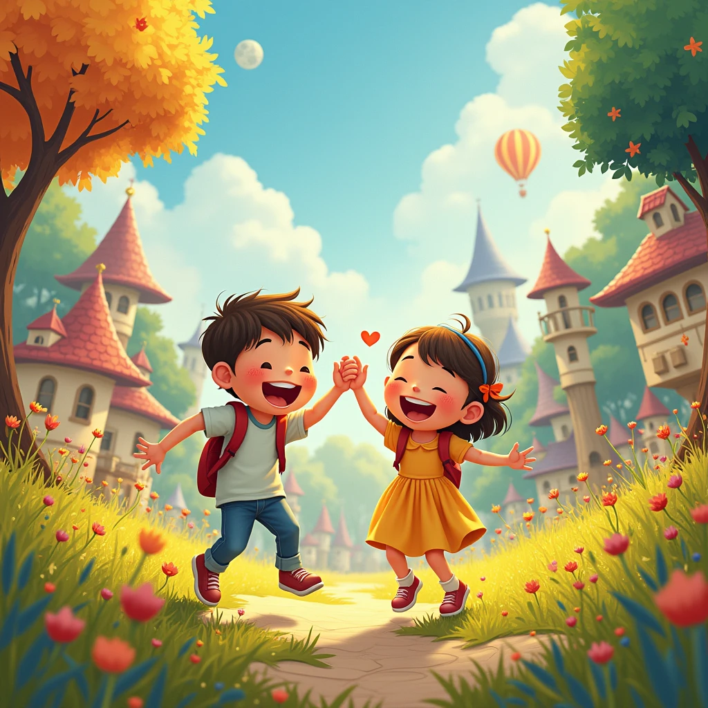 scene of pure joy and happiness, Children's book illustration style, whimsical and charming imagery, bright and playful colors, engaging characters and storytelling, cartoon, (best quality, masterpiece, photorealistic), very aesthetic, perfect composition, intricate details, ultra-detailed, vivid colors