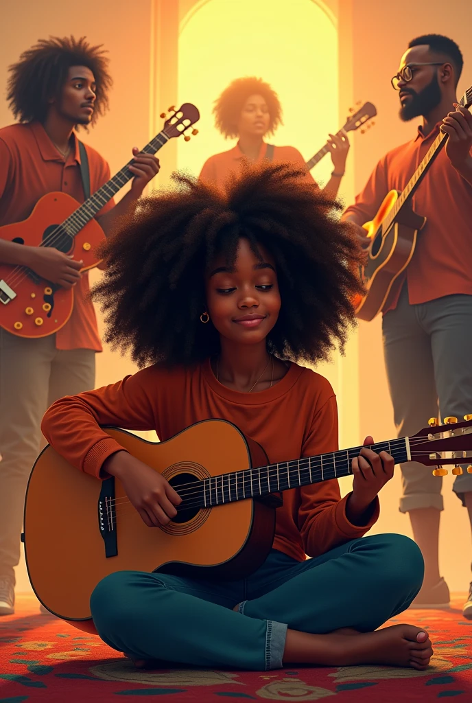 A brunette black girl with curly hair sits with her legs stretched out, playing guitar, heroes playing musical instruments in background, 