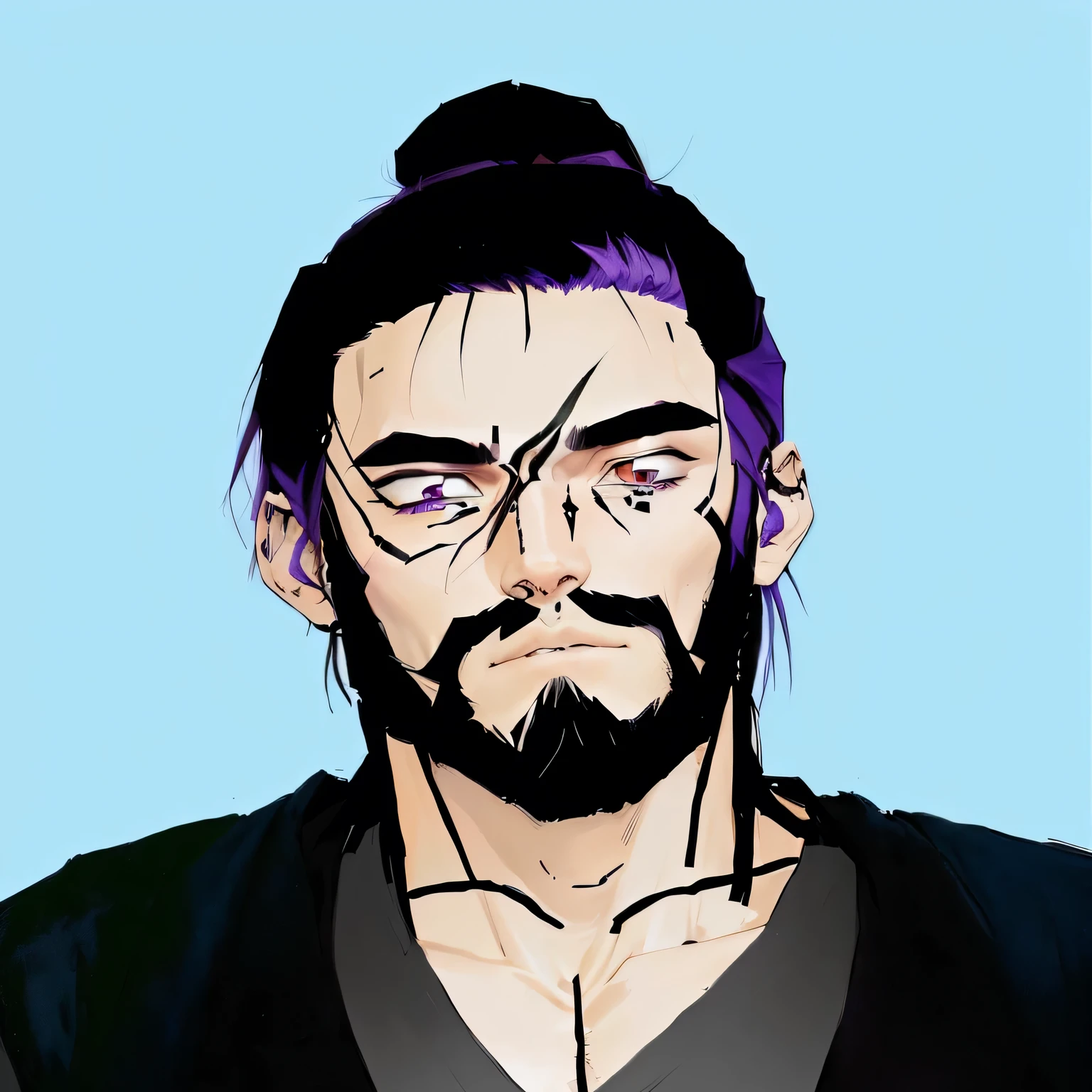 there is a man with purple hair and a beard with a purple mohawk, kentaro miura art style, kentaro miura manga art style, inspired by Tyler Jacobson, in an anime style, hanzo from overwatch, kentaro miura manga style, inspired by Okumura Masanobu, inspired by Kentaro Miura