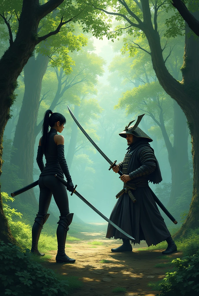 A female Ninja watching a Samurai fighting in the Forest 