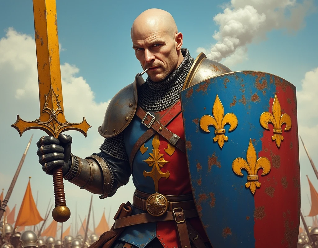 A poster depicting a man, brandishing a one-handed mace, and carrying a large blue and red shield with coat of arms thin vertical yellow sword painted upwards with 2lily flowers, bald, shaved, damaged by fighting. medieval battered chain mail, helmet, gloves, very battle-damaged, blue and red coat of arms. He has white skin, happy face, smoking a blunt. He's on a battlefield with the words "Pépin" written in large golden letters in the foreground.