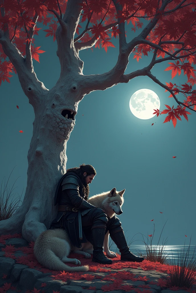 A warrior resting, next to his wolf, under a white-trunked tree with a crying face carved into it, and red leaves at night.