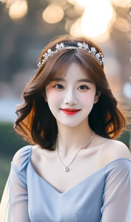 (A cute girl, Korean Japanese fashion idol, short bob hair, ponytail, kind smile, beautiful detailed eyes, ((beautiful detailed face)), long eyelashes, beautiful detailed lips, dimpled cheeks, ample bosom, natural pose, romantic night,
light off-the-shoulder, blue gown, floral lace, detailed bodice, sleeves, sweetheart neckline, sheer tulle-like fabric, delicate necklace, symmetrical design, elegant tiara, wavy brown hair,
masterpiece, photo-realistic, ultra-detailed, 8k, high resolution, portrait illustration, natural colors, bokeh, cowboy_shot, serene ambience, snowy outdoor, trees, SFW, safe for work)
