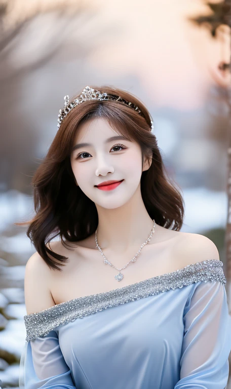 (A cute girl, Korean Japanese fashion idol, short bob hair, ponytail,  kind smile, beautiful detailed eyes, ((beautiful detailed face)), long eyelashes, beautiful detailed lips, dimpled cheeks, ample bosom, natural pose, romantic night,

light off-the-shoulder, blue gown, floral lace, detailed bodice, sleeves, sweetheart neckline, sheer tulle-like fabric, delicate necklace, symmetrical design, elegant tiara, wavy brown hair, 

 masterpiece, photo-realistic, ultra-detailed, 8k, high resolution, portrait illustration, natural colors, bokeh, cowboy_shot, serene ambience, snowy outdoor, trees, SFW, safe for work)

 
