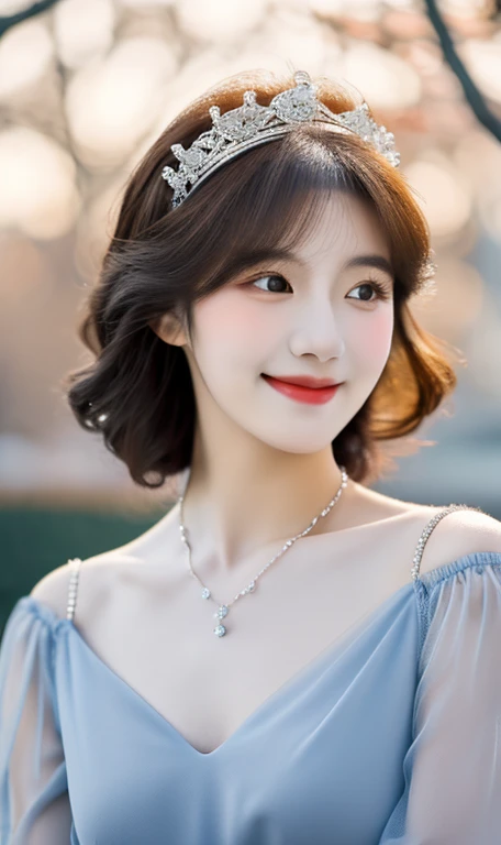(A cute girl, Korean Japanese fashion idol, short bob hair, ponytail, kind smile, beautiful detailed eyes, ((beautiful detailed face)), long eyelashes, beautiful detailed lips, dimpled cheeks, ample bosom, natural pose, romantic night,
light off-the-shoulder, blue gown, floral lace, detailed bodice, sleeves, sweetheart neckline, sheer tulle-like fabric, delicate necklace, symmetrical design, elegant tiara, wavy brown hair,
masterpiece, photo-realistic, ultra-detailed, 8k, high resolution, portrait illustration, natural colors, bokeh, cowboy_shot, serene ambience, snowy outdoor, trees, SFW, safe for work)