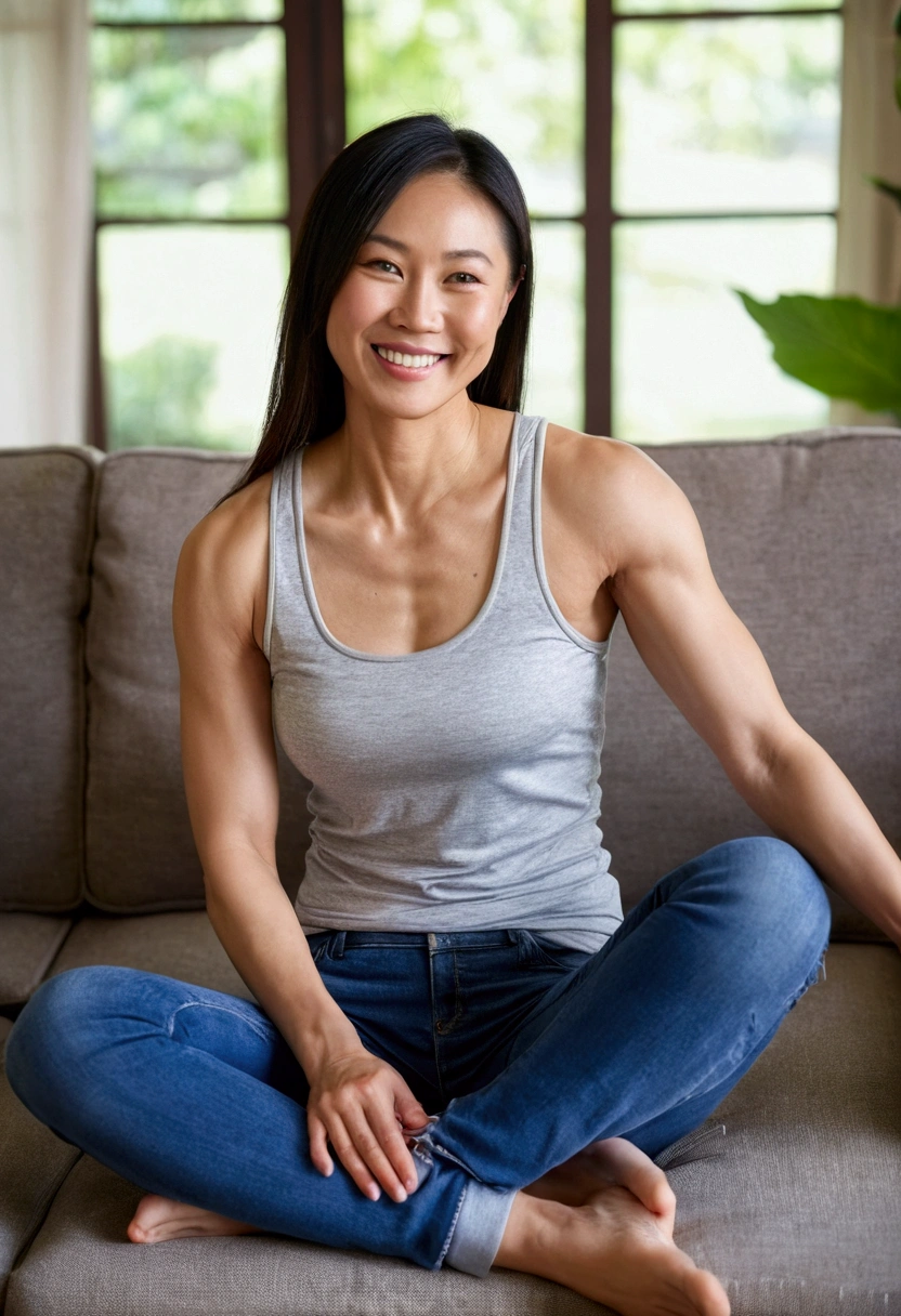 Beautiful athletic 30 year old asian female wearing thin strap tank top and jeans sitting in living room. Smiling. Muscular arms