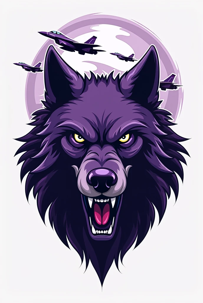 Create a logo that instills morale and fear in your opponents, for my volleyball team, using the colors purple and white and with a squadron in the background