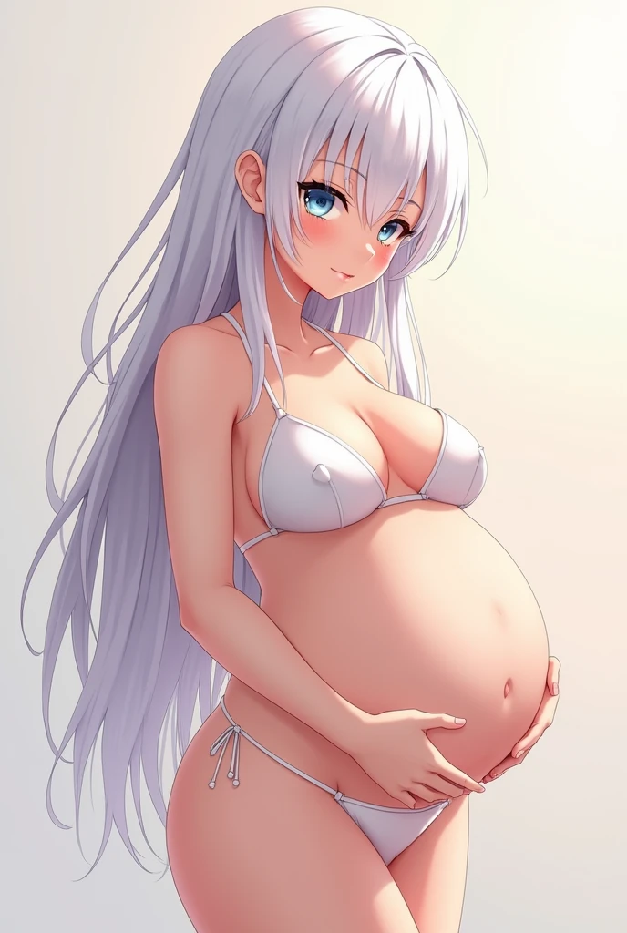 Anime bikini girl white hair caresses full belly