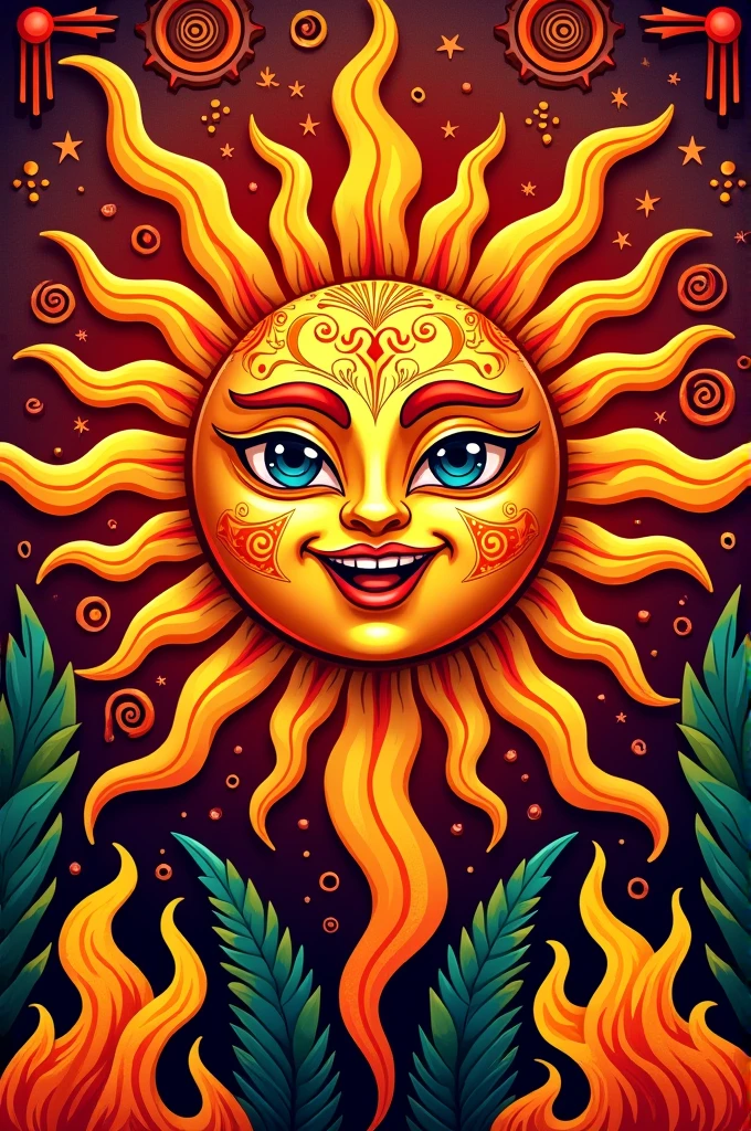 Create an illustration of a vibrant, stylized sun in a traditional Mexican art style, featuring bold, vivid colors like red, orange, and yellow. The sun should have a lively, expressive face with intricate patterns and details, reflecting the rich cultural heritage of Mexican folk art. Surround the sun with decorative elements like flames, swirling lines, and geometric patterns to enhance the overall design. The background should be a warm, earthy tone, suitable for a smoked chili sauce label, giving the impression of heat and intensity. The style should be striking and eye-catching, perfect for a product that is both flavorful and bold."