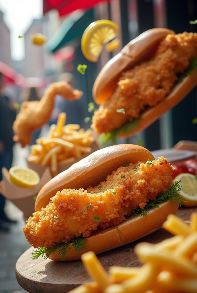 German Hamburg fish sandwiches with fries flying