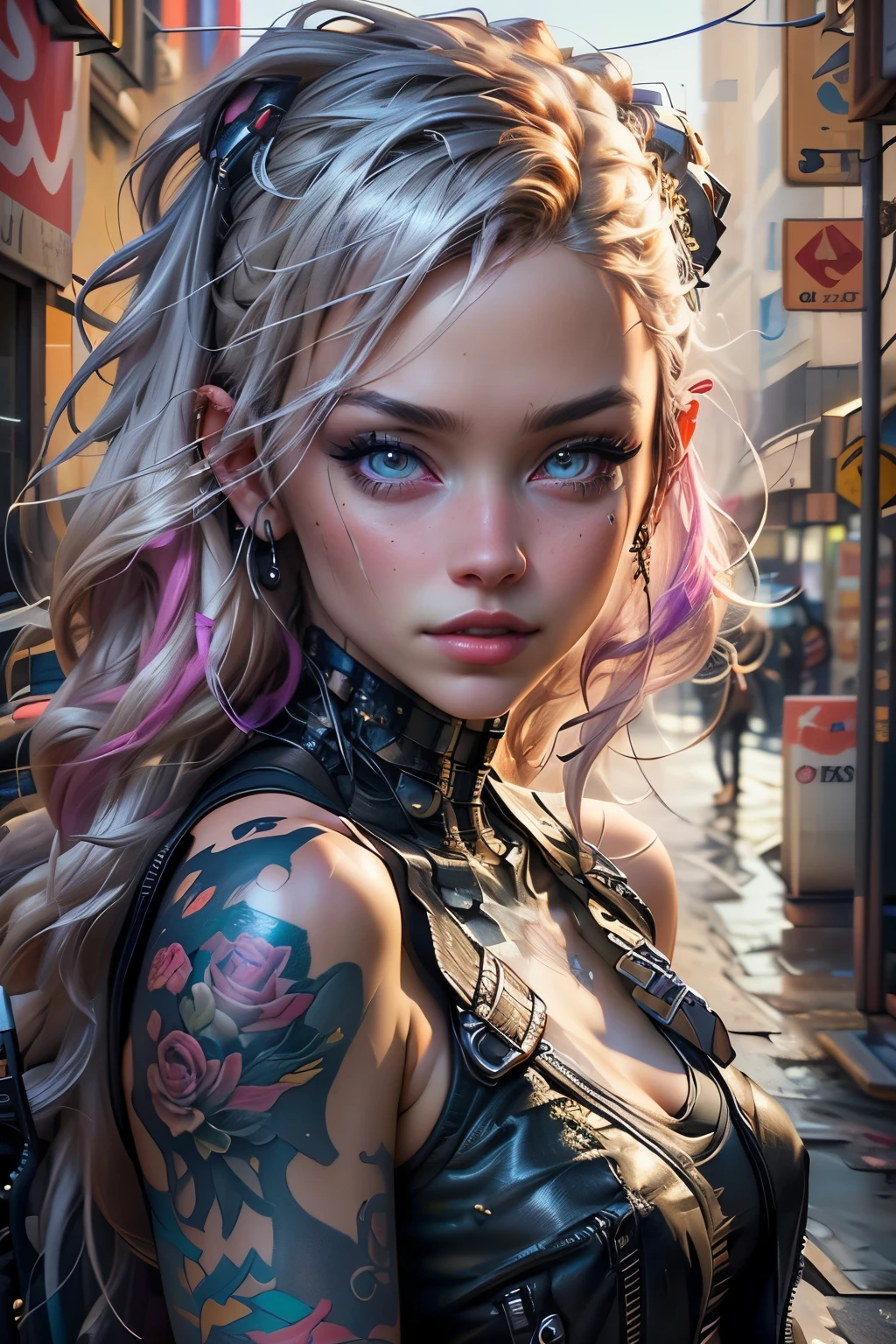 woman with a tattoo on her arm, cyberpunk beautiful girl, beautiful cyberpunk girl face, dreamy cyberpunk girl, cyberpunk art ultrarealistic 8k, cyberpunk 2 0 y. o model girl, beautiful cyberpunk woman model, the cyberpunk girl portrait, 4k highly detailed digital art, beautiful digital artwork, naked cyberpunk cyborg. roses, realistic digital art 4k, Cyberpunk city street