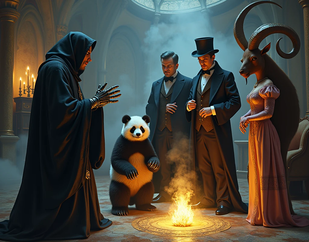A skeleton wizard in a black robe and black gloves, doing a ritual of Alchemy and dark magic, while being watched by a panda bear, a mason in a suit and a top hat, One princess ,and a goat.
