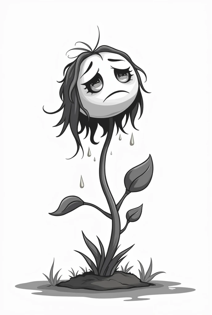 DRAW A BLACK AND WHITE CARTOON OF A SICK AND SAD PLANT