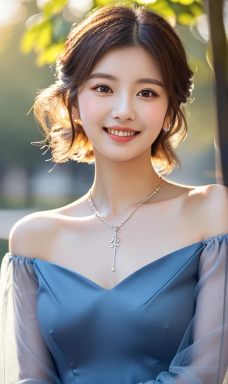 (A cute girl, Korean Japanese fashion idol, short bob hair, ponytail, kind smile, beautiful detailed eyes, ((beautiful detailed face)), long eyelashes, beautiful detailed lips, dimpled cheeks, ample bosom, natural pose, romantic night,
light off-the-shoulder, blue gown, floral lace, detailed bodice, sleeves, sweetheart neckline, sheer tulle-like fabric, delicate necklace, symmetrical design, elegant tiara, wavy brown hair,
masterpiece, photo-realistic, ultra-detailed, 8k, high resolution, portrait illustration, natural colors, bokeh, cowboy_shot, serene ambience, snowy outdoor, trees, SFW, safe for work)