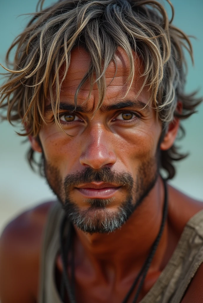23-year-old man, hair the color of wet sand, slightly grayish on the sides; his skin tanned; his features weathered and hardened, his eyes marked, brown eyes. Skin tanned by the sun.