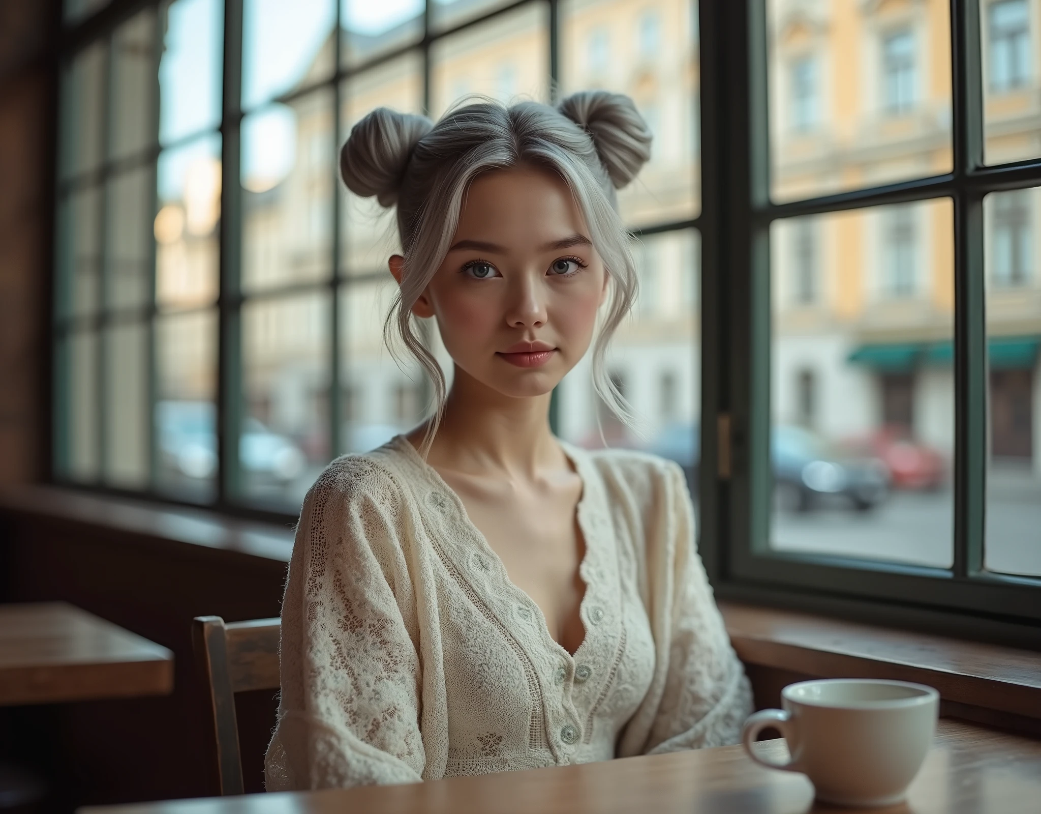 Beautiful girl with fair skin, 20 years, light gray hair gathered into two buns, Blue eyes, sits elegantly in a coffee shop, Sits up straight, Look directly into the camera, in the background there is a large window with a view of St. Petersburg, Really, Photo, 4K